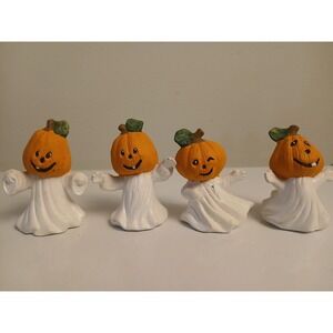 🎃 Vintage Set of 4 Hand Painted Ceramic Pumpkin Head Ghost Halloween Figurines